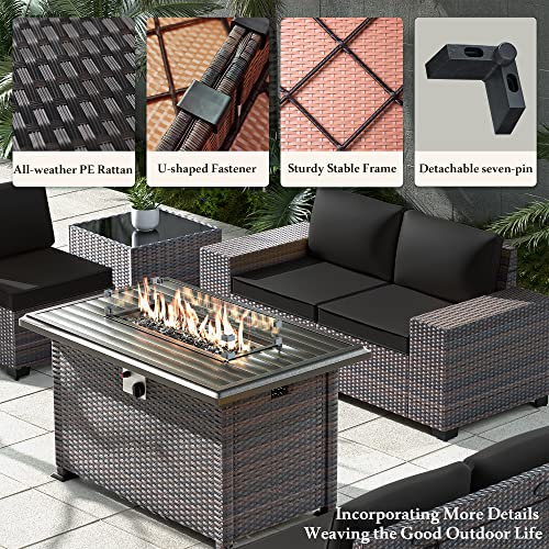 Image of 13 PCS Outdoor Patio Furniture Set,Outdoor Sectional Furniture with 43 inch 55000 BTU Gas Propane Fire Pit Table,All Weather PE Rattan Wicker Patio Conversation Set,Black
