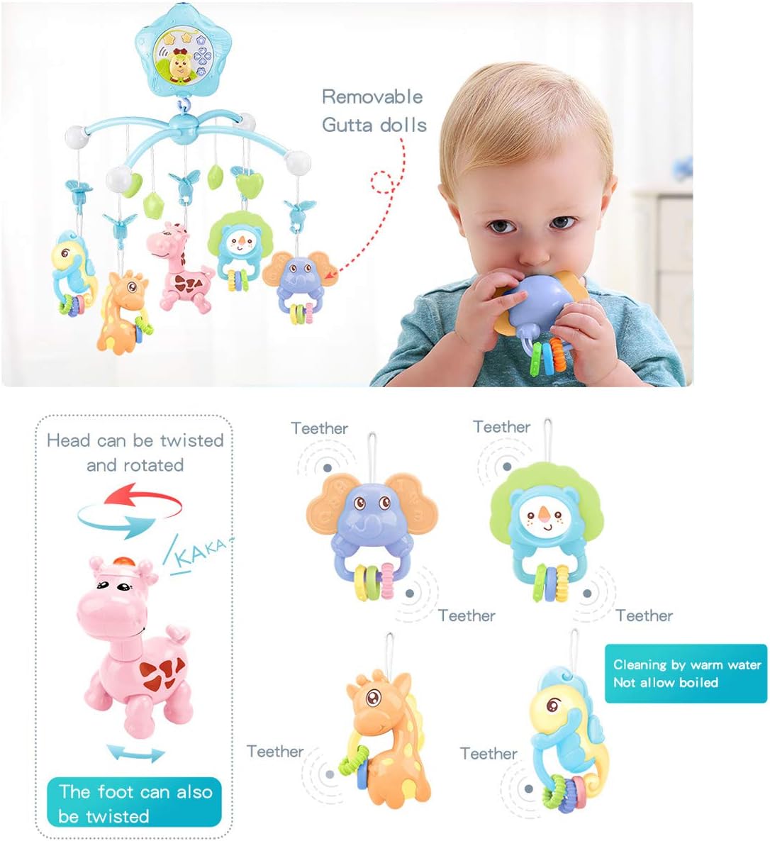 caterbee Baby Crib Mobile for Pack and Play, Crib Toys with Light and Musicial, Remote,Projector for Ages 0+ Months (Pink-Forest)