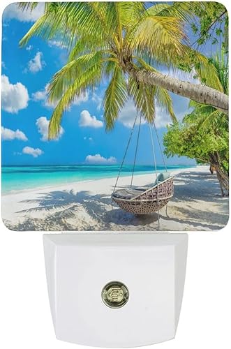 ACOZUHSE Lámpara de luces LED de noche con sensor de atardecer a amanecer, palmera sobre arena blanca, mar y playa, lámpara de noche, luces