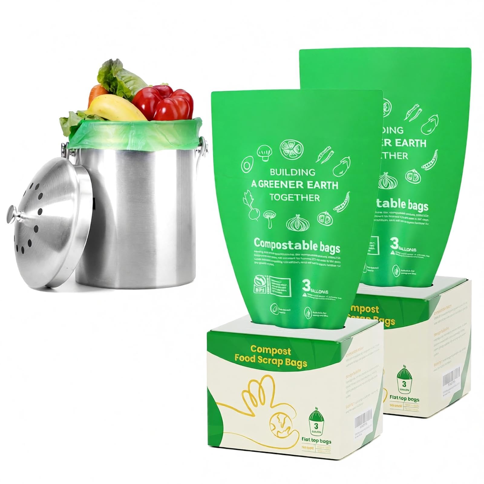 Bolsas de basura compostables de 3 galones, bolsas de abono para cubo de encimera, 200 unidades (paquete de 2) con certificación BPI y cumple con la norma ASTM D6400