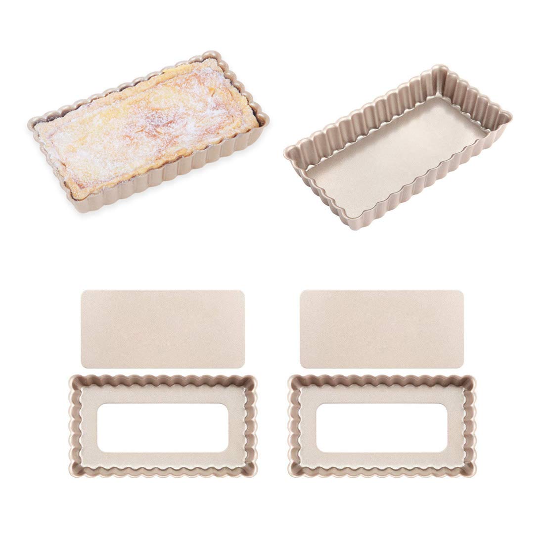 CANDeal Rectangular 4-Pack Quiche Pans Fruit Tart Fluted Cake Baking Mould with Loose Base,Heavy-gauge Steel with Non-Stick Coating, Mini Size