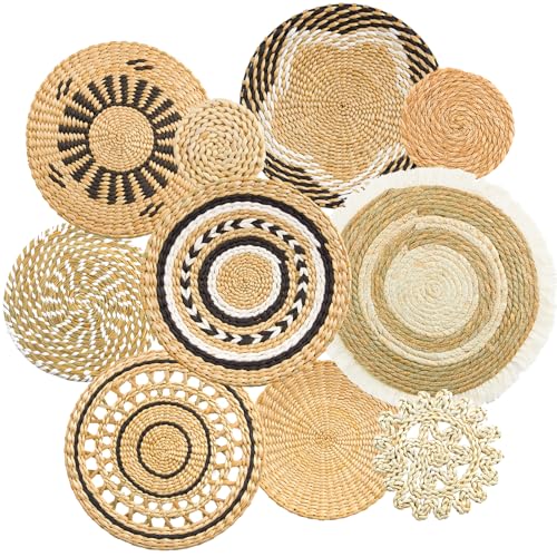 Tel Charme * 10 Stück Boho Wanddeko Gewebtes Wandkorb Set, Wanddekoration-Set, Gewebte Wandkorbdekoration, Handgefertigt, Runde Wandkunst für Bauernhaus, Schlafzimmer, Wohnzimmer, Küche