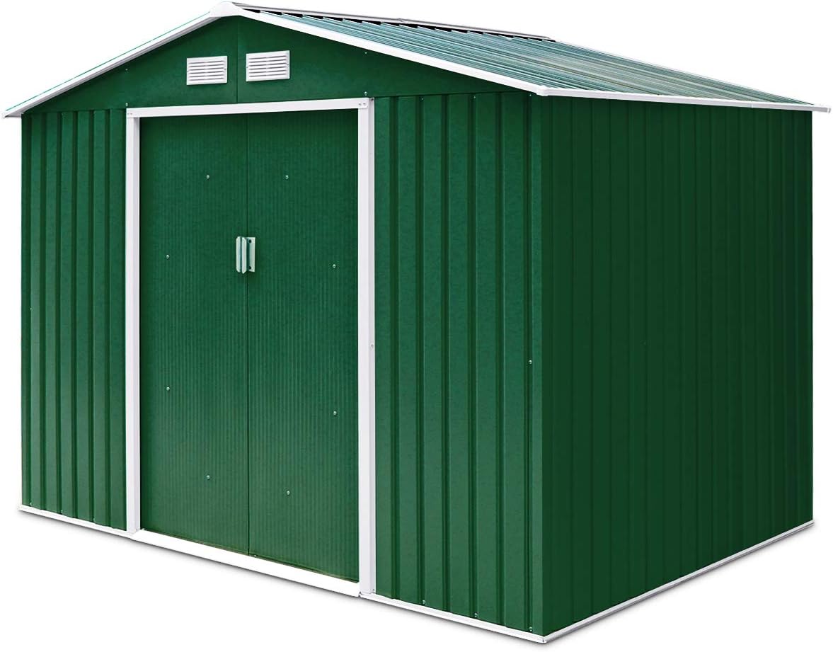 CASART. Metal Garden Shed for Tools Kit Storage, Waterproof and Rust-Proof Outdoor Building, 7x4Ft Galvanized Sheet Backyard Garage with Double Sliding Door (Saddle Roof)