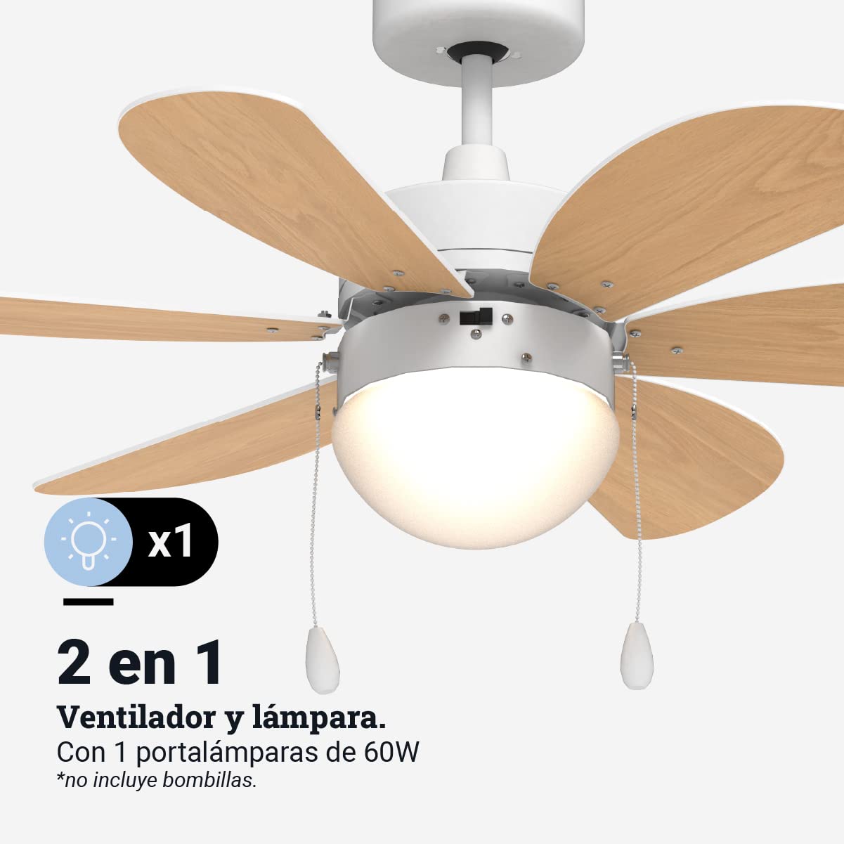 UNIVERSALBLUE Ventilador de Techo Madera con Luz | 6 Aspas Reversibles Marron y Negro | 3 Velocidades y Motor Silencioso | Fácil Montaje