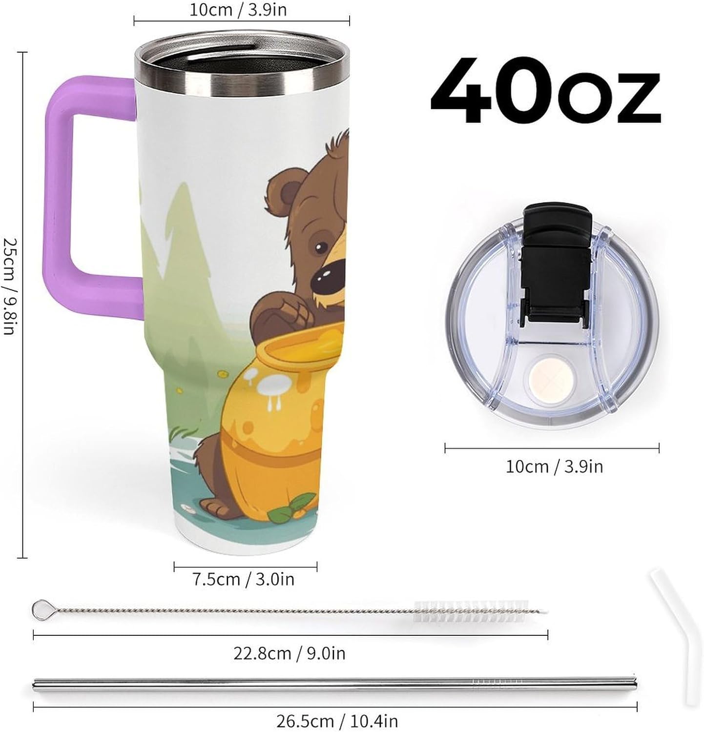 Bear Eats Honey Tumbler Stainless Steel Large Car Cup with Handle&Straw Lid Portable Coffee Cup Leak-proof Water Bottle Insulated Vacuum Travel Mug for Home Outdoor 40oz
