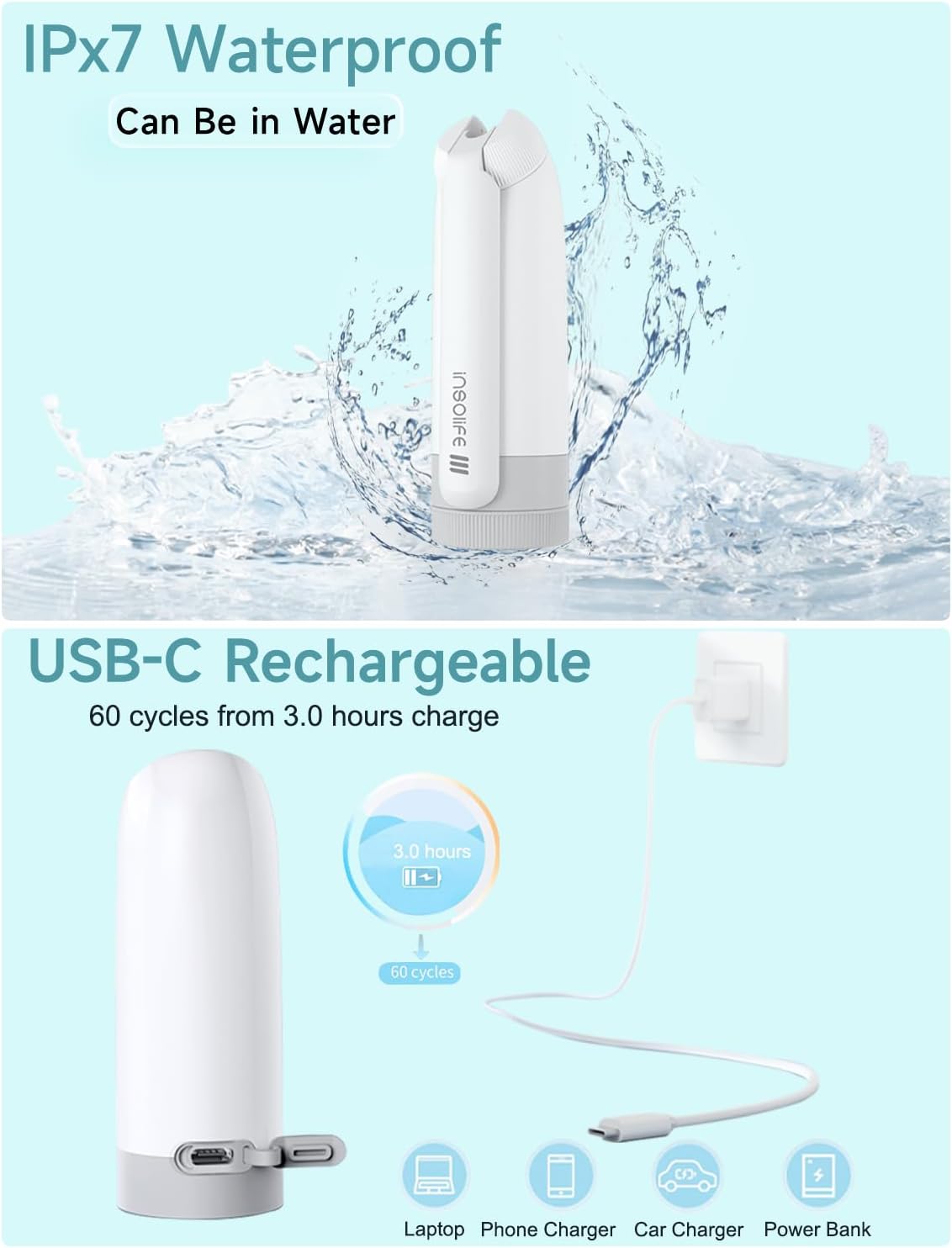 Insolife® Portable Bidet | High Pressure Travel Bidet 350ml | 2 Pressure Modes, IPX7 Waterproof, USB Rechargeable Personal Hygiene on Trip & Daily Use