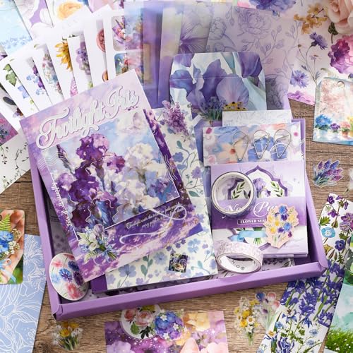 Image of WEMOL Vintage Journal Scrapbook Pack Kit for Art Journaling Bullet, Planners DIY Paper Stickers, Craft Kits Notebook, Collage Album Aesthetic Sticker (Purple Flower)