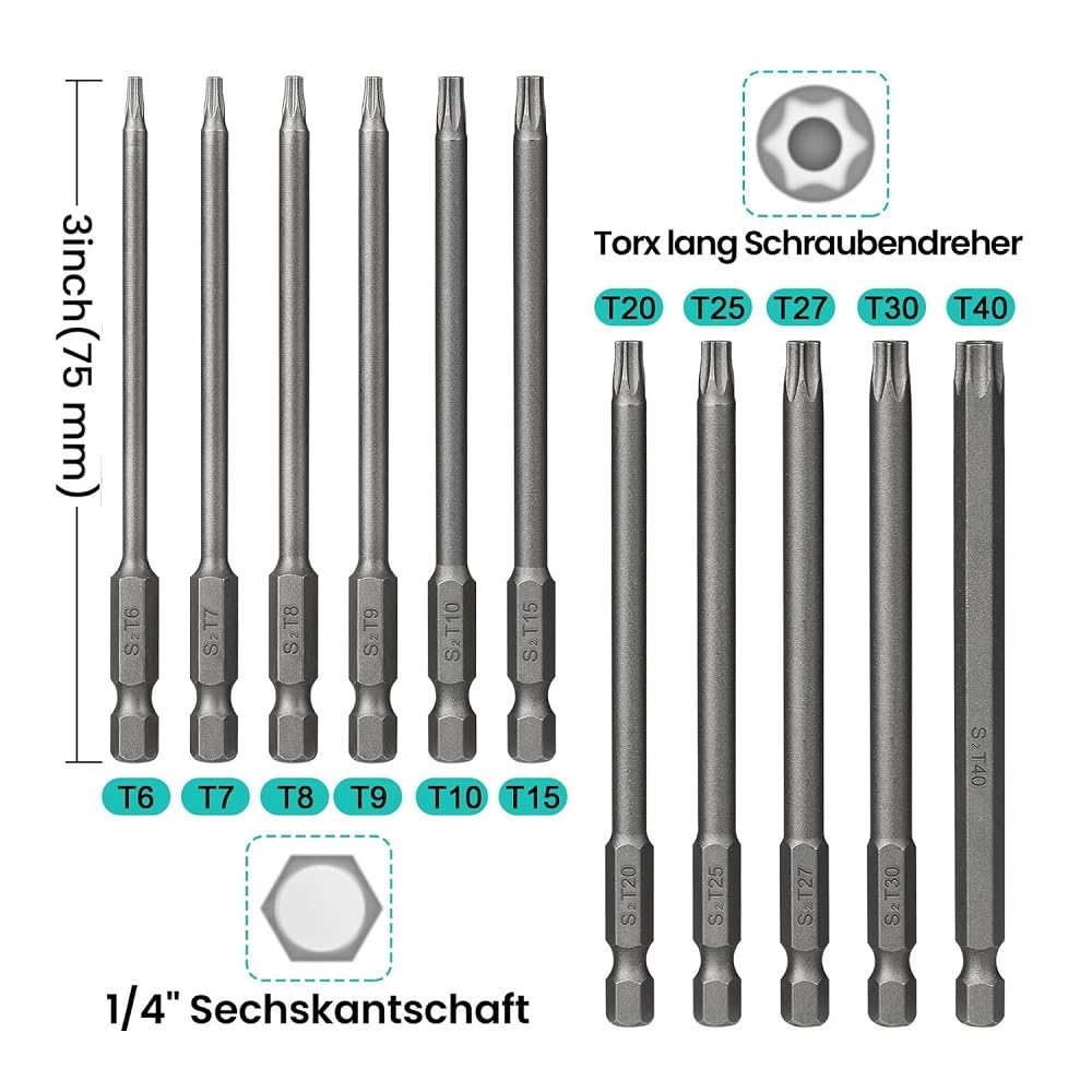 Juego De 12 Puntas Torx T6 A T40 - Magnéticas, Acero S2, 75 Mm, Para Destornilladores Eléctricos Y Manuales