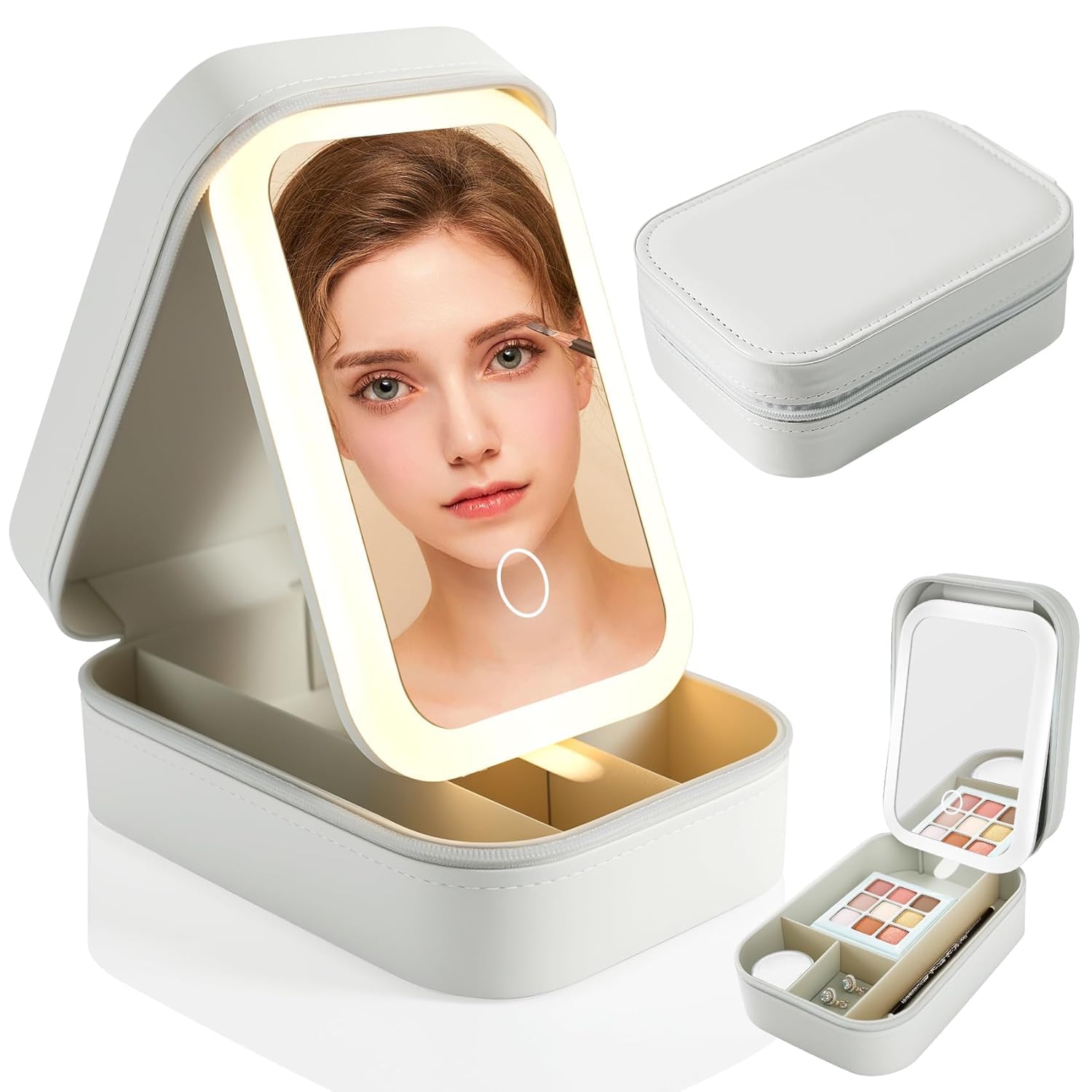 Travel LED Makeup Mirror Case with Adjustable Color Light Settings, Dust-Proof Jewelry Box, Mini Cosmetic Train Case Ideal for Short Trips, White, Cosmetic Bag with Led Mirror (Multicolor)-image-41