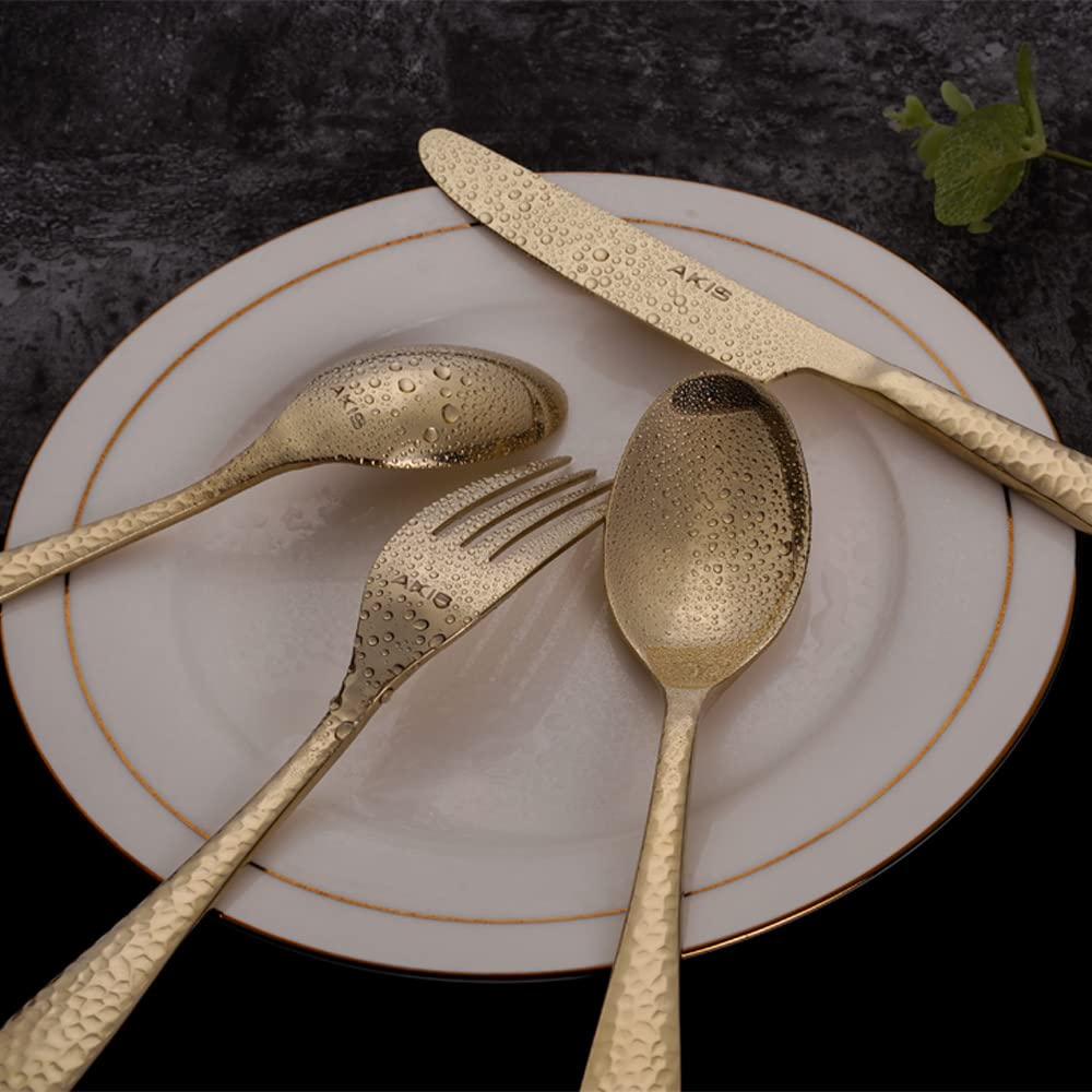 AKIS - Cubertería para 4 personas, 16 piezas, acero inoxidable, color dorado, con cuchillo, tenedor, cuchara, cubiertos de acero inoxidable de alta calidad, aptos para lavavajillas