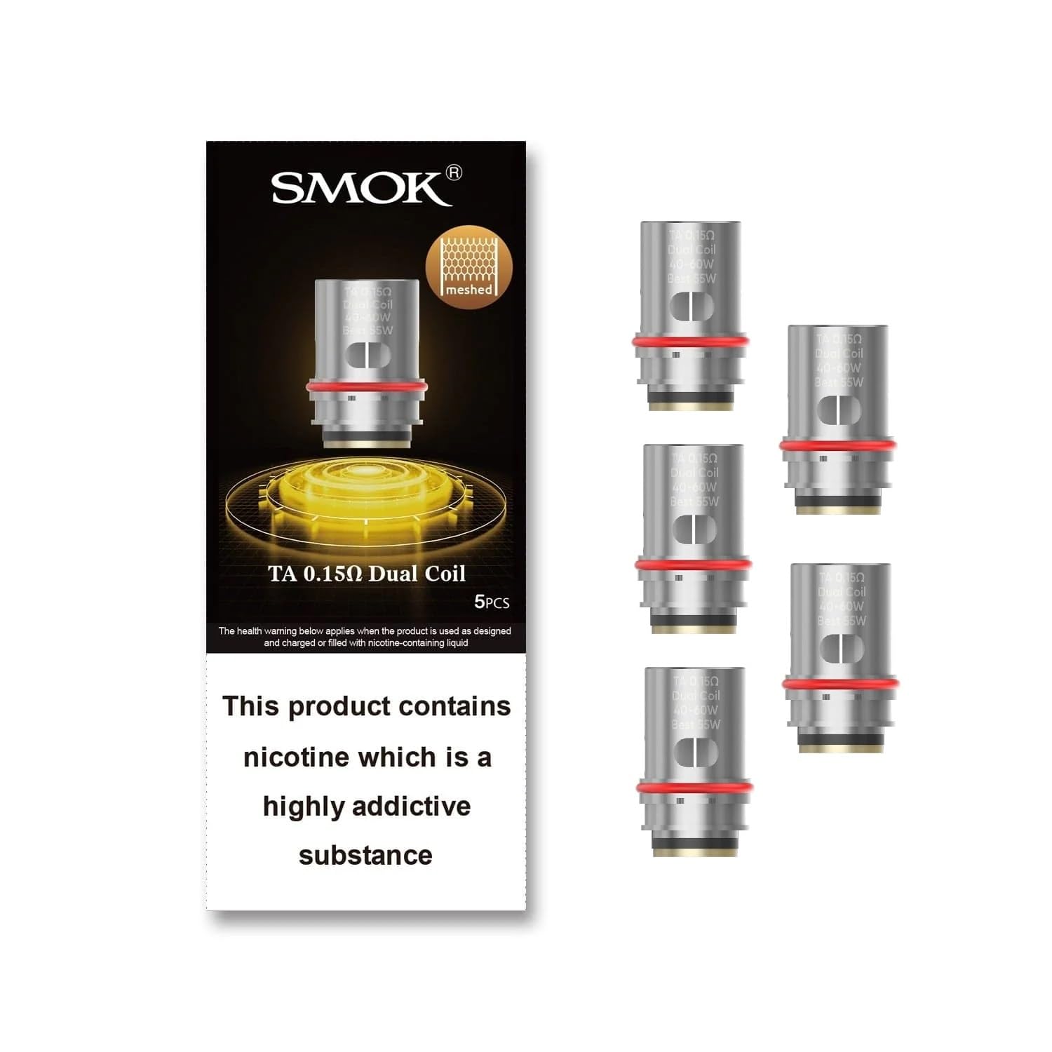 SMOK TA Coils Replacement Coils, 0.15 Ohm, Dual Mesh, Enhanced Flavour and Vapour, Compatible with T-Air SubTank, Mag Solo Kit, Morph 3 Kit, SMOK Vaping Coils, Pack of 5, No Nicotine