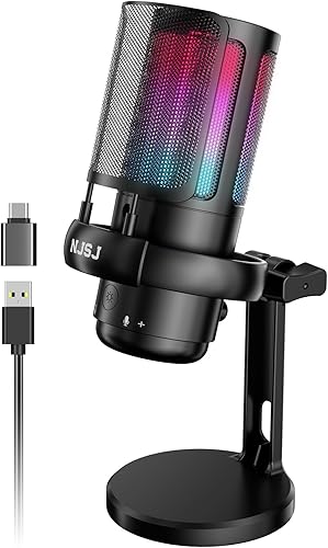 NJSJ Micrófono USB para computadora, micrófono de juegos para PC, PS4, PS5 y Mac, micrófono de condensador con 9 modos de luz RGB, botón de