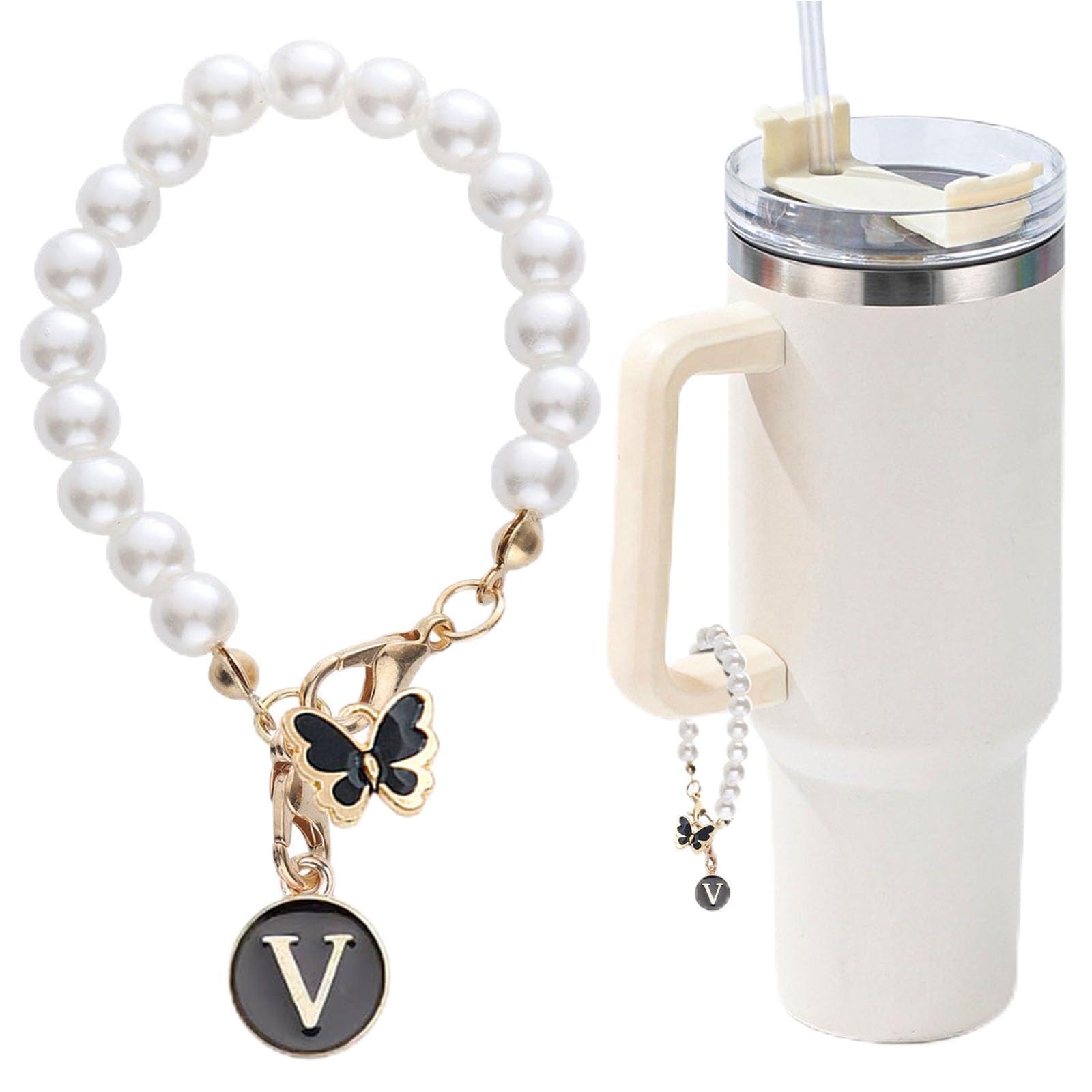 Letter Charm for Stanley Cup，Pearl Chain Accessories Stanley Cup Initial Charms for Handle Stuff Decor Water Bottle Jewelry Tumbler Cute Personalized Name ID Decorations Black Tag (V)