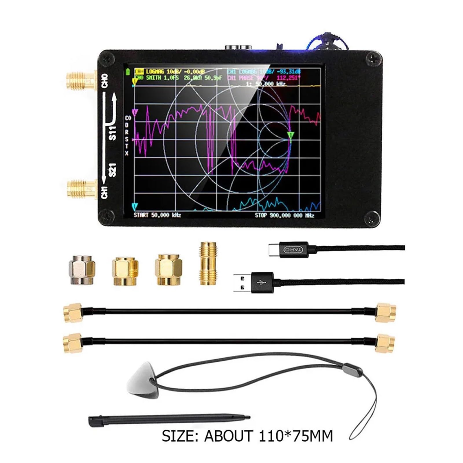 Analizador de antena con monitor TFT de 2,8 pulgadas, MF, HF, VHF y UHF, analizador de red vectorial con ranura for tarjeta SD, USB 5 V, 120 mA for fase VSWR