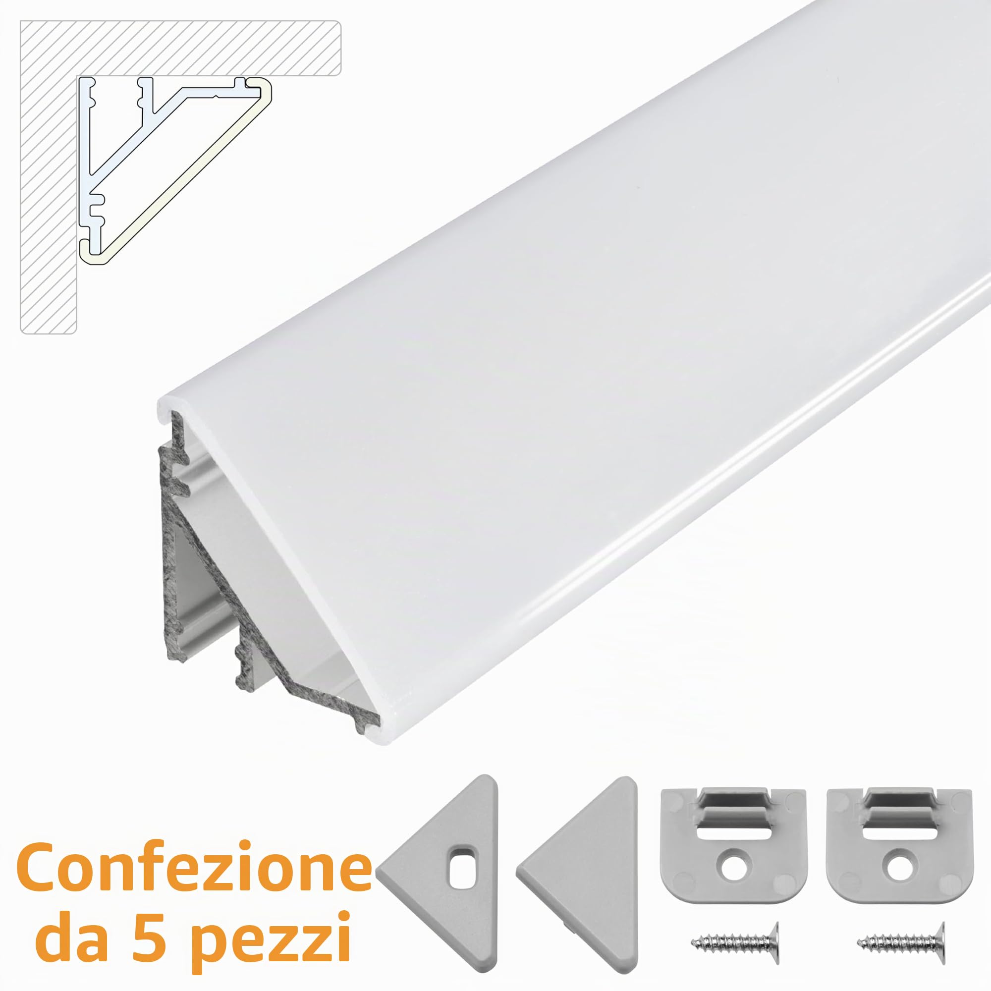 Profilo angolare per LED V24, set da 5 m (5 x 1 m), in alluminio, angolo di 45 gradi, per strisce LED