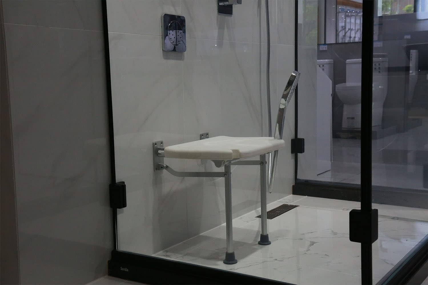 Asiento de Ducha Plegable, Asiento de Ducha montado en la Pared para niños, Personas Mayores, discapacitados, Plegable, Compuesto Blanco, 15.7 x 12.6 Pulgadas, para baño, Zona de Zapatos, Pasillo.