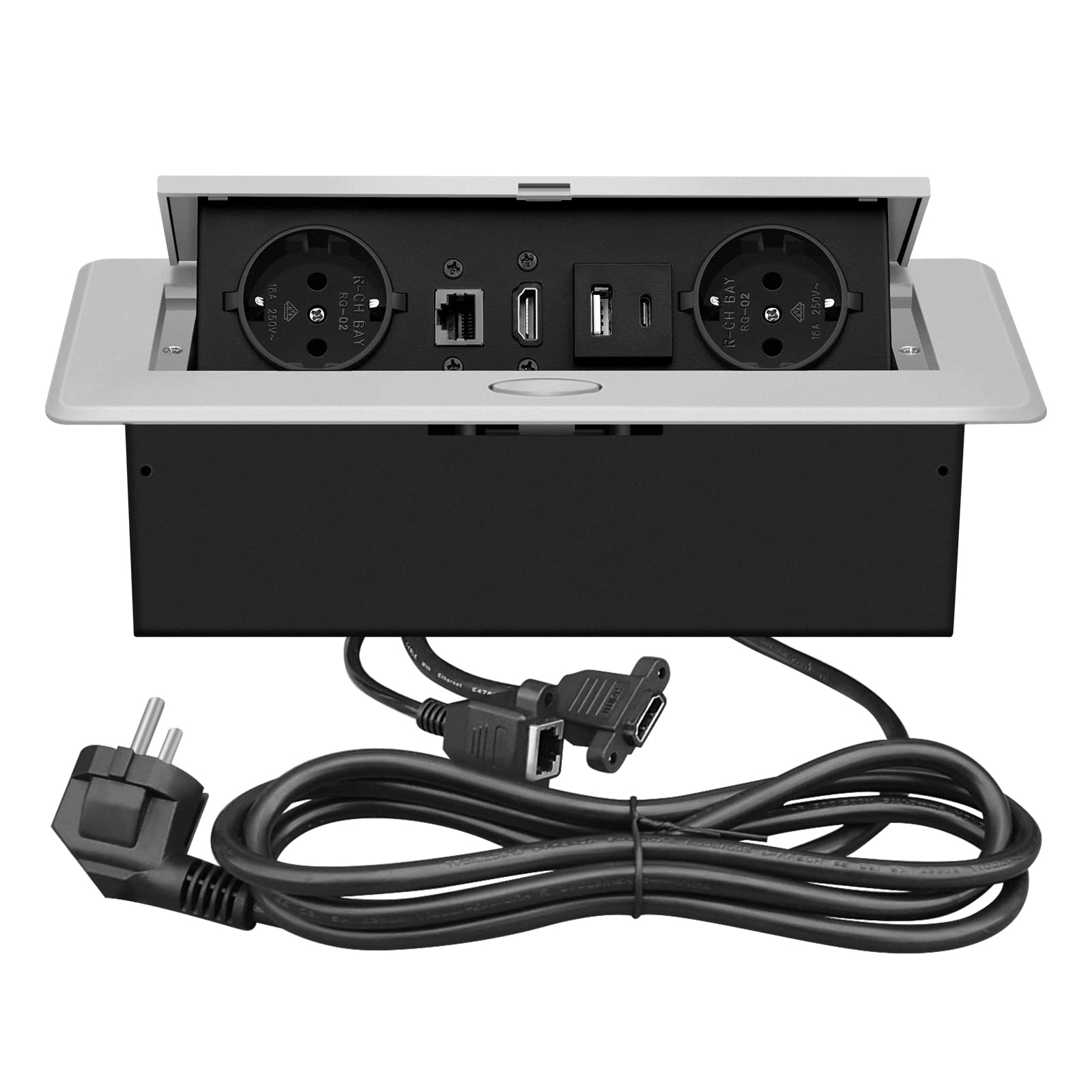 Dhqkqg Enchufe Retráctil Con USB, 2 Enchufes Empotrables Con USB C, Regleta Empotrable, Enchufe Empotrado En La Mesa, Enchufe Empotrable Con Cable De 2 M, Para Escritorio, Oficina, Mesa (Blanco