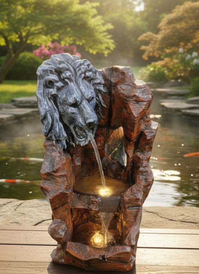 Image of 3.5 Feet Lion Face Water Fountain Stone Colour with Dark Brown Finish | Indoor Tabletop Fountain with LED Light