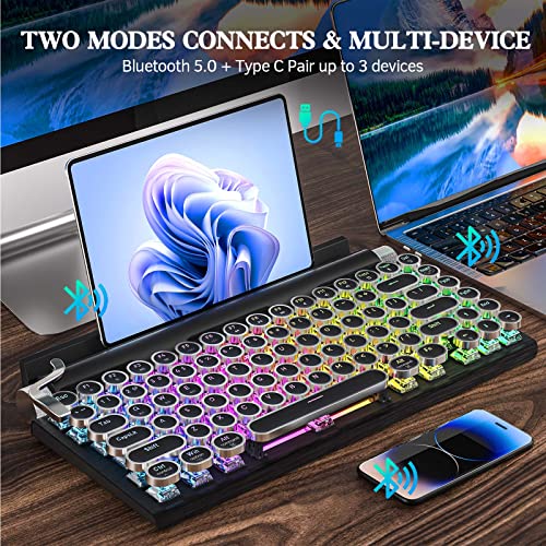 Taiahiro 83-Key Blue Switches Punk Round Keycap Retro Typewriter Keyboard Wireless, Mechanical Gaming Vintage Keyboard, 14 Modes Rainbow Led Backlight, Type-C, Bluetooth 5.0 (Black) #TOP4