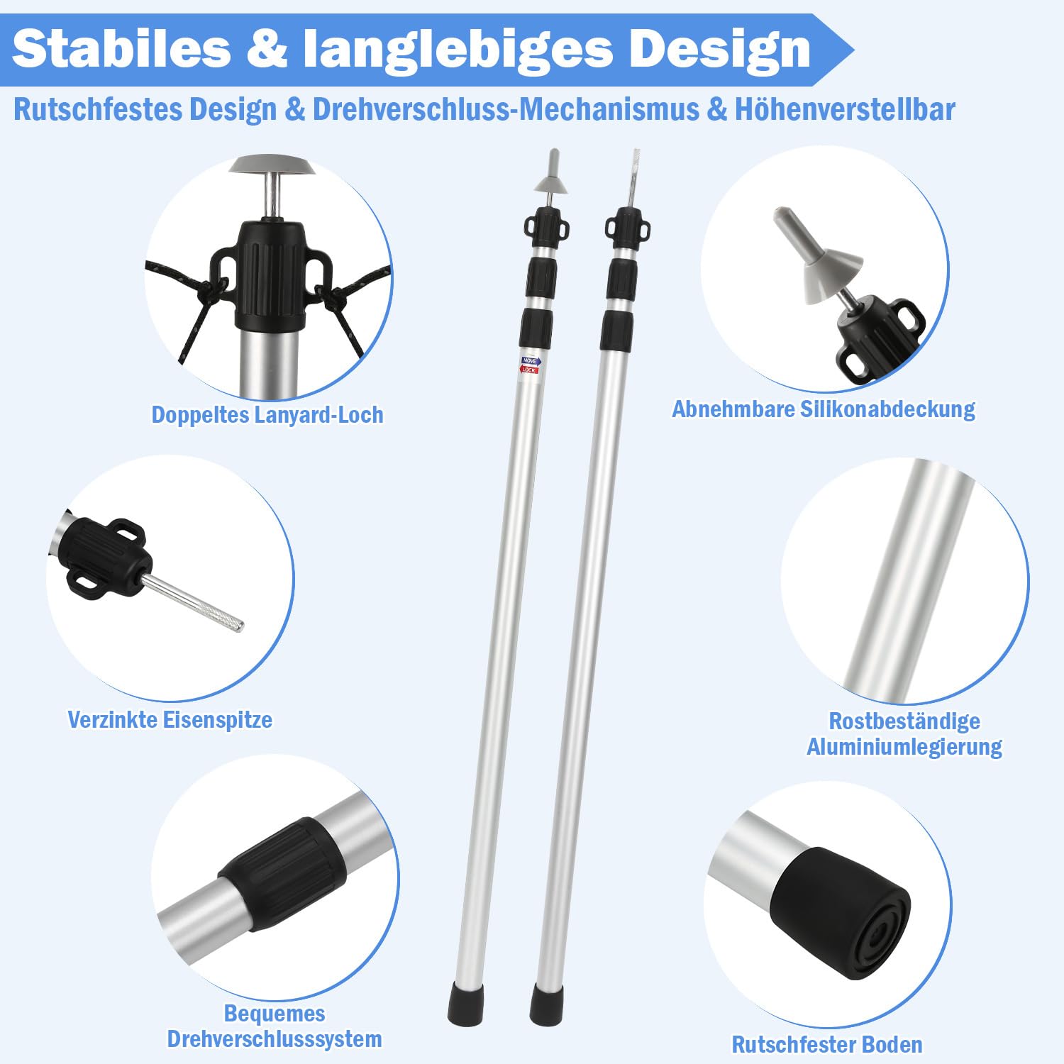 Zeltstange Teleskopstange für Zelte, Zeltstangen Aluminiumlegierung Höhenverstellbar Höhe 87–234 cm für Camping, Trekking & Outdoor, Zelt, Tarp, Sonnensegel, Plane & Wetterschutz