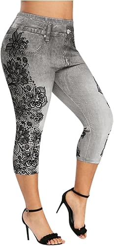 PANOEGSN Leggings con aspecto de jean para mujer, cintura alta, control de abdomen, jeans falsos, estampado floral, pantalones capri elásticos para