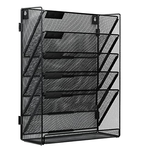 EasyPAG-Mesh-Office-Organizer-5-Tier-Wall-File-Organizer-Assembly-Wall-Mounted-File-Holder-Desk-Vertical-Hanging-Paper-File-Rack-with-White-LabelBlack