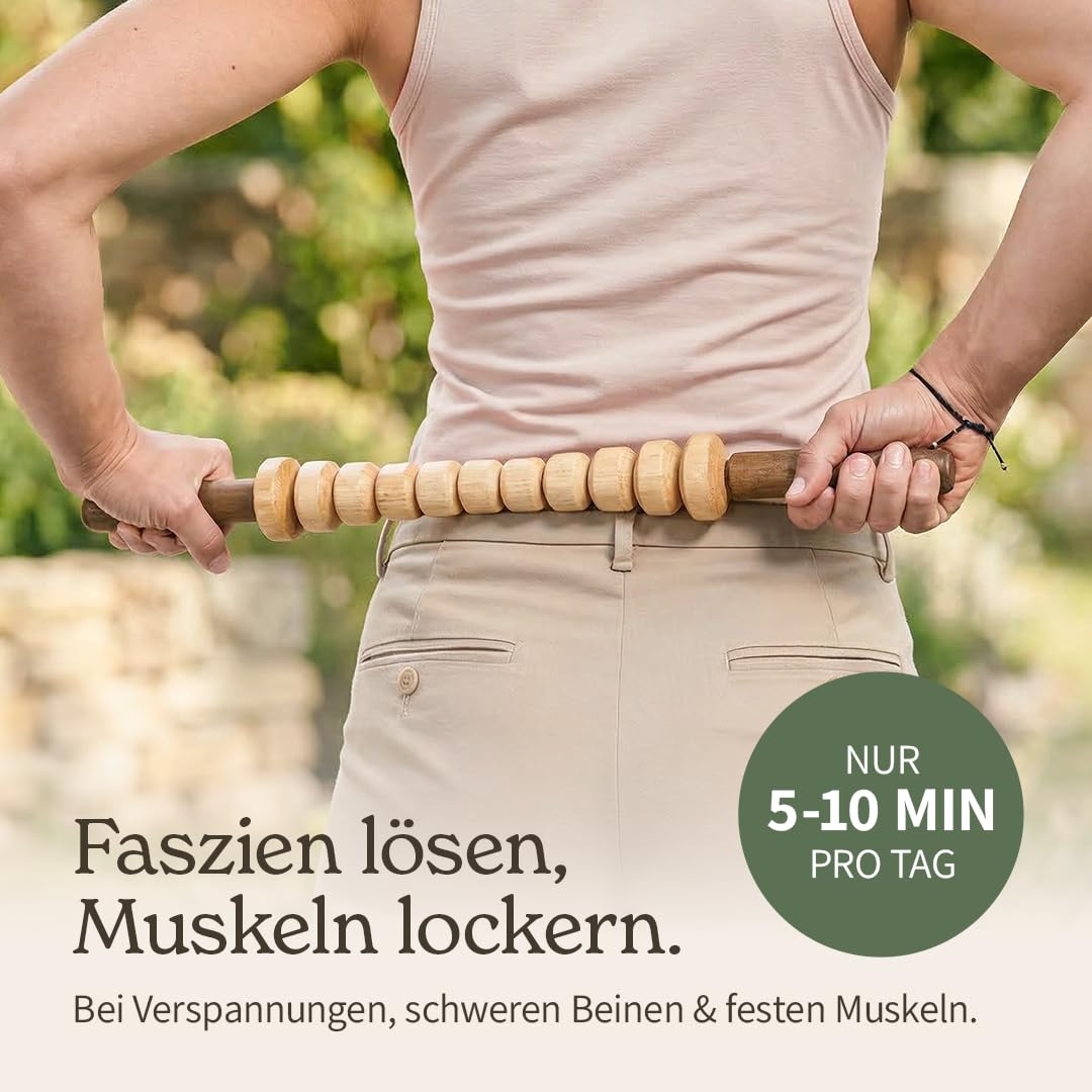 Faszienstab Woodstick FLEX mit GLATTEN Massage-Elementen [DAS ORIGINAL aus Österreich - Echte Handarbeit] Biegsamer Massage-Stab aus Holz — Einfaches Faszientraining ohne Rollen am Boden