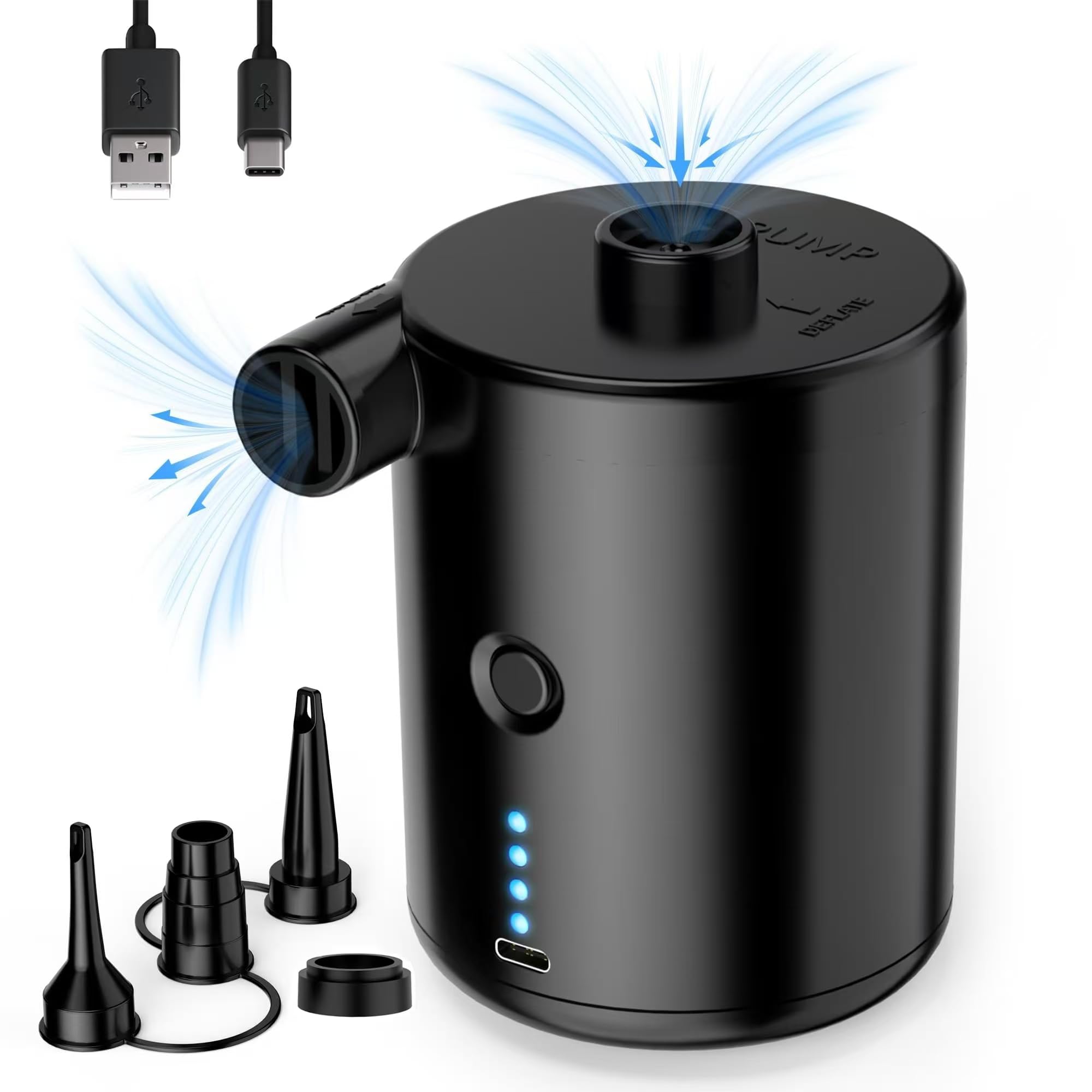 SLEEPHEADElectric Air Pump for Inflatables, 4000mAh Battery Type-C Portable Rechargeable Air Mattress Pump, includes 4 Nozzles，Inflator/Deflator Pumps for Pool, Boats, Camping, Swimming Ring