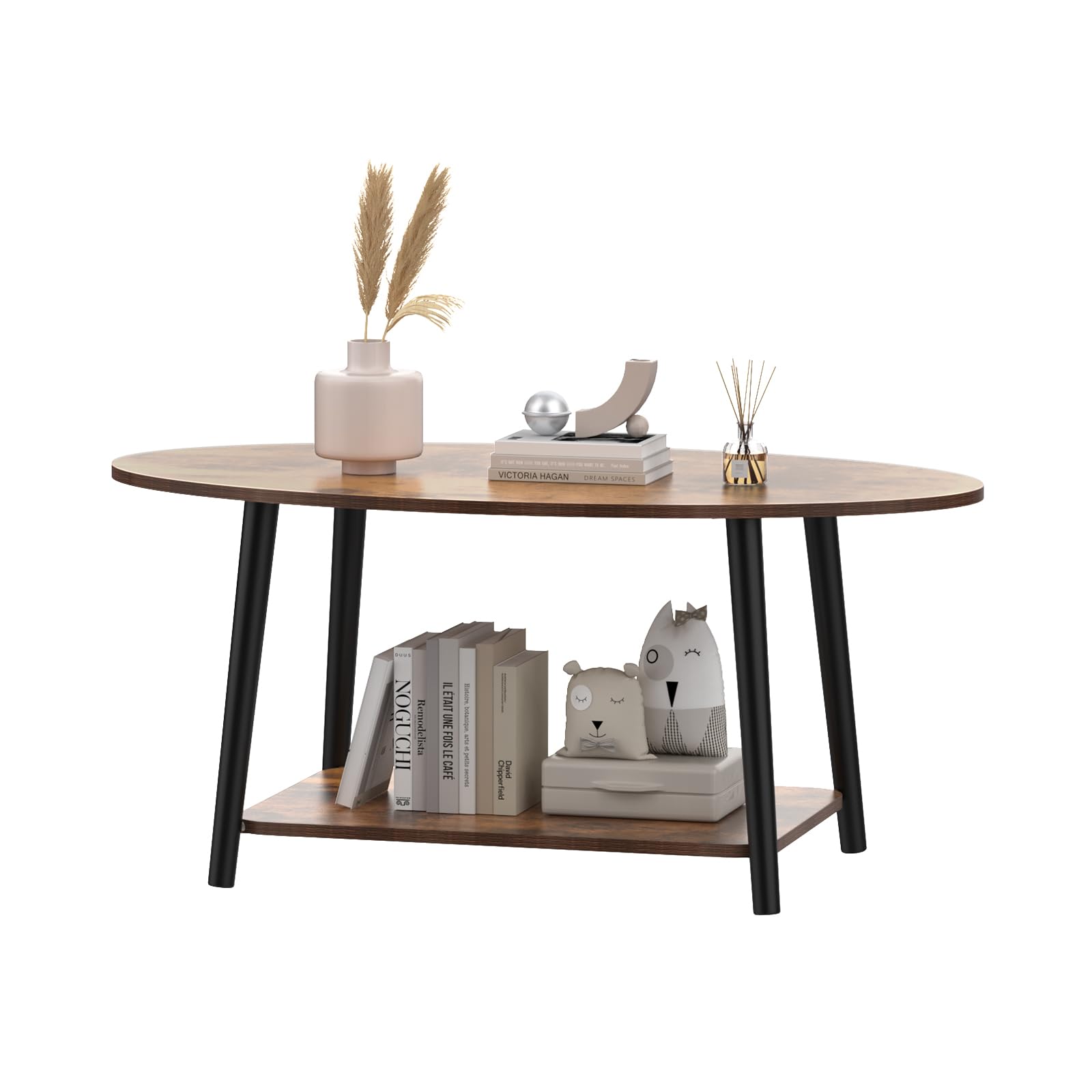 HUOLE Mesa de té de madera, mesa de centro ovalada con estante, muebles de salón, diseño aglomerado, madera de haya, 100 x 53 x 45 cm, madera quemada