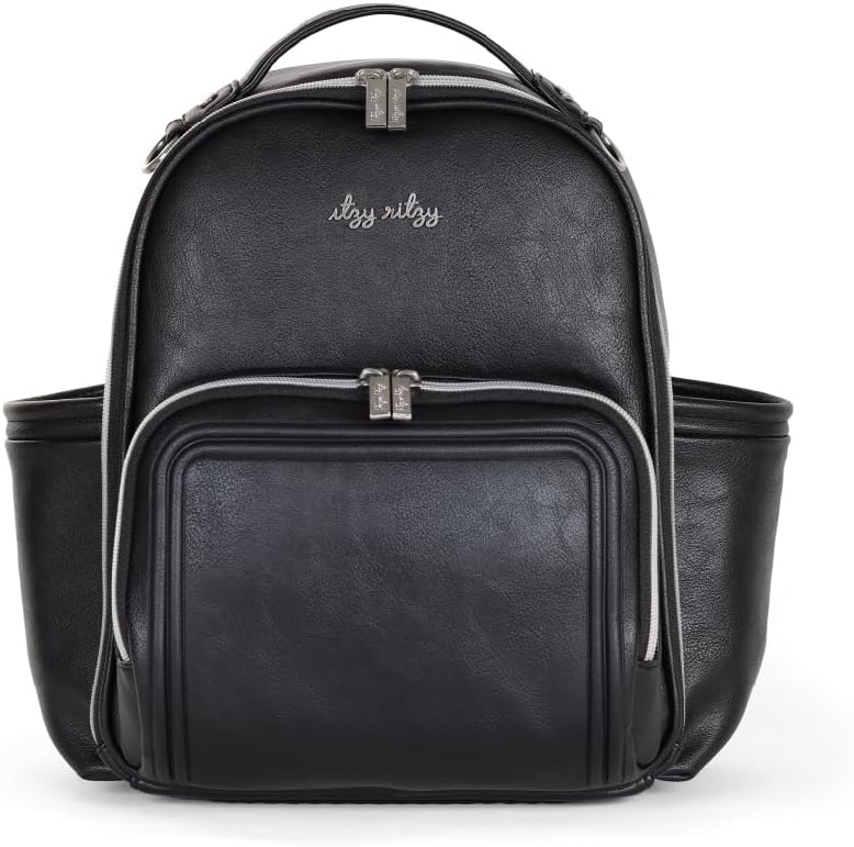 Itzy Ritzy Mini Diaper Bag Backpack – Chic, Compact Mini Plus Backpack with Changing Pad, 10 Pockets (6 Internal, 4 External), Grab-Top Handle & Rubber Feet (Black w/Silver Hardware)
