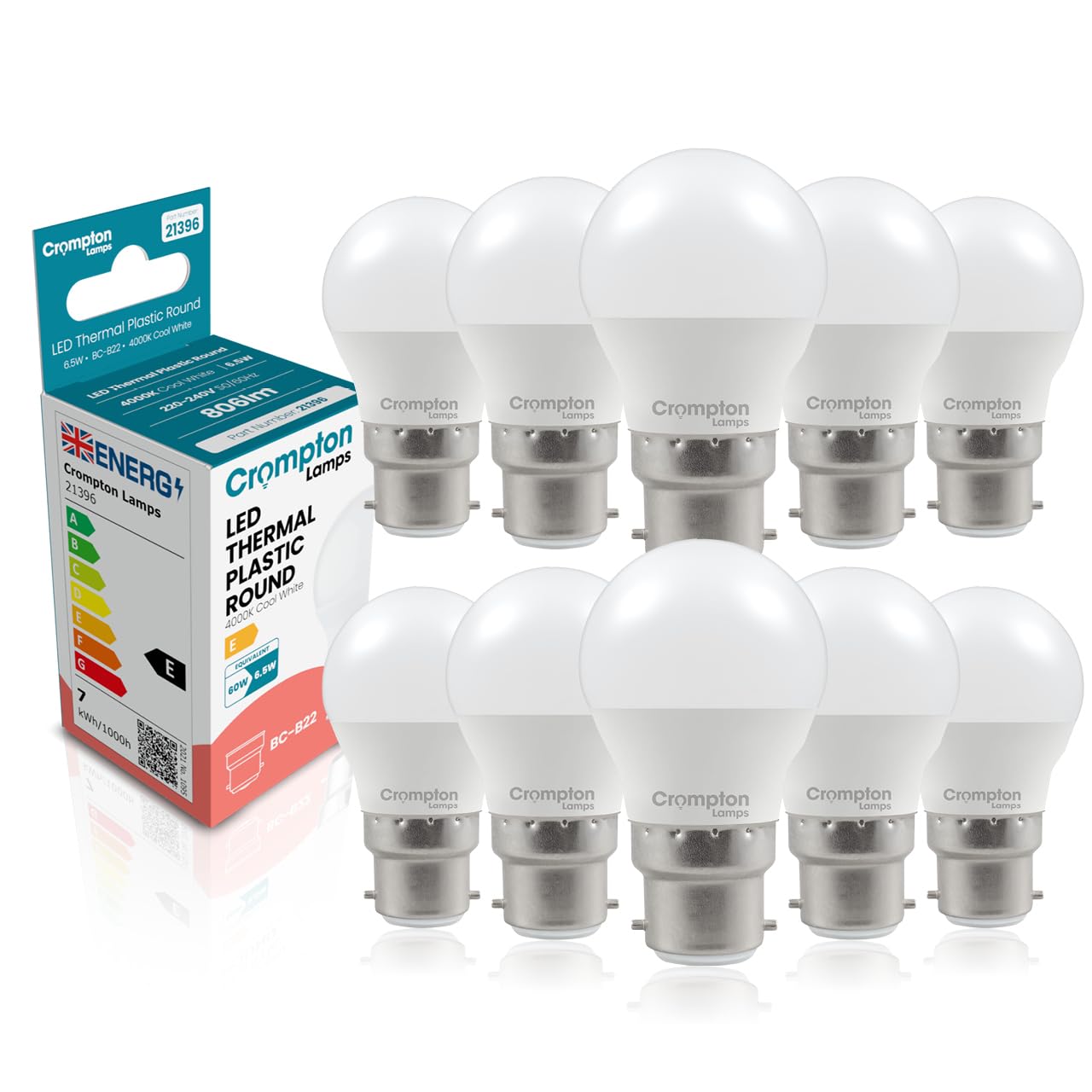 Crompton Lamps Golfball LED B22 Bulb | 6.5W = 60W Equivalent | Cool White 4000K | Energy Efficient | Bayonet Lightbulb | Long Life 15,000-Hrs | Dimmable Bulbs for Lamps | 10-Pack