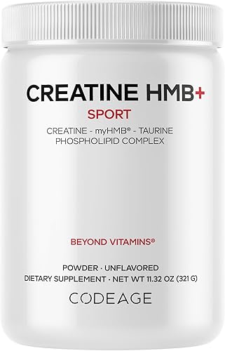 Codeage Creatina HMB+ Polvo - Monohidrato de creatina, taurina, suplemento myHMB, vitamina D3 - Suplemento de apoyo deportivo - Entrega liposomal -