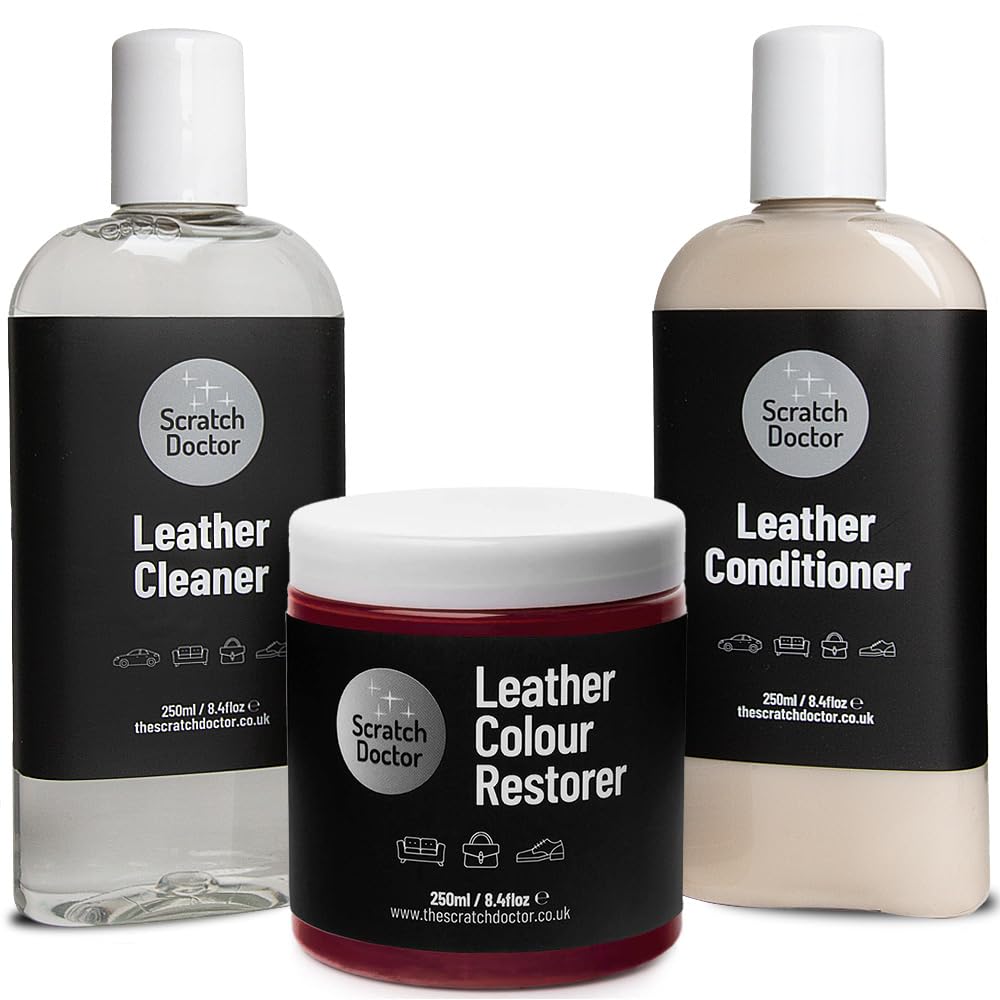 Scratch Doctor Protect and Condition Kit Bordeaux 250 ml detergente per pelle ricolorante balsamo e protezione condizionatore adatto per divani sedili auto borse scarpe