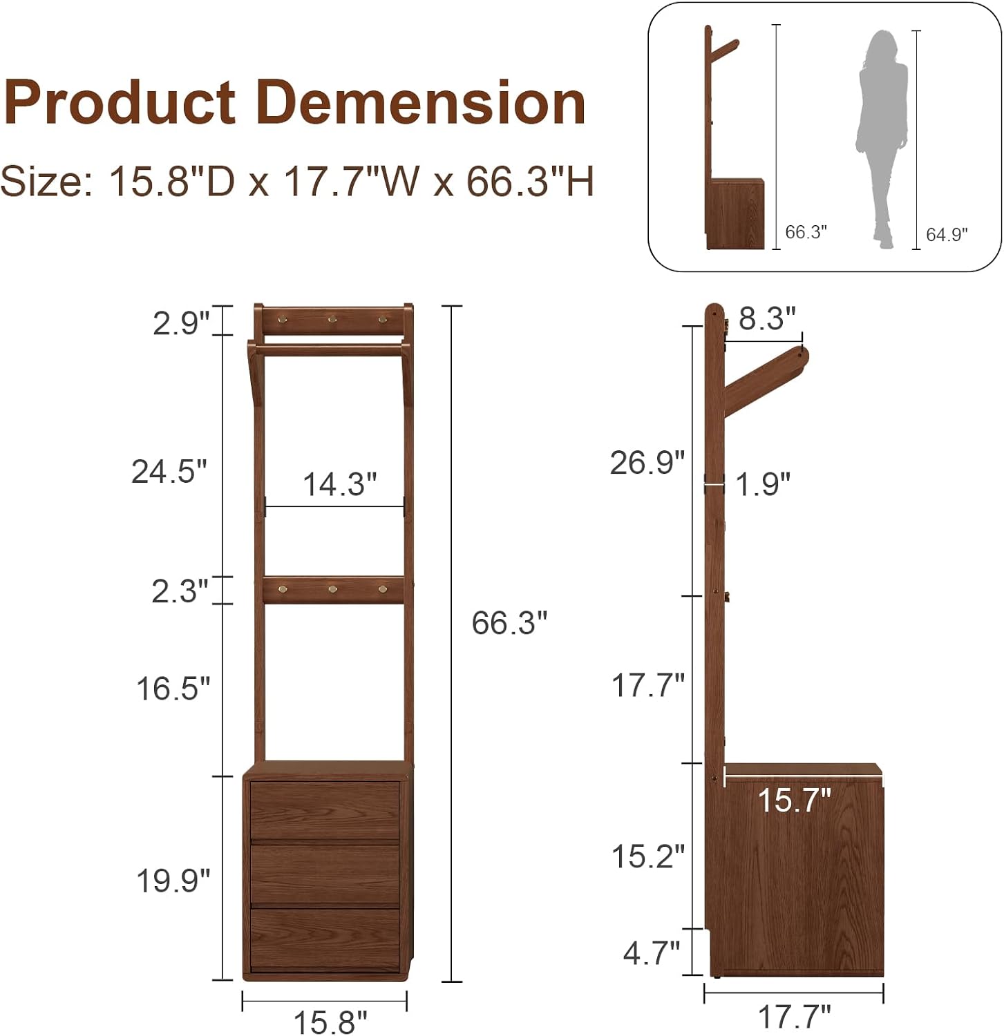 Solid Wood Coat Rack Freestanding,Standing Coat Rack with 3 drawers,Clothing Racks for Hanging Clothes,Narrow Hall Tree with Storage,Walnut Nightstand with 6 Coat Hooks for Bedroom Entryway Corner