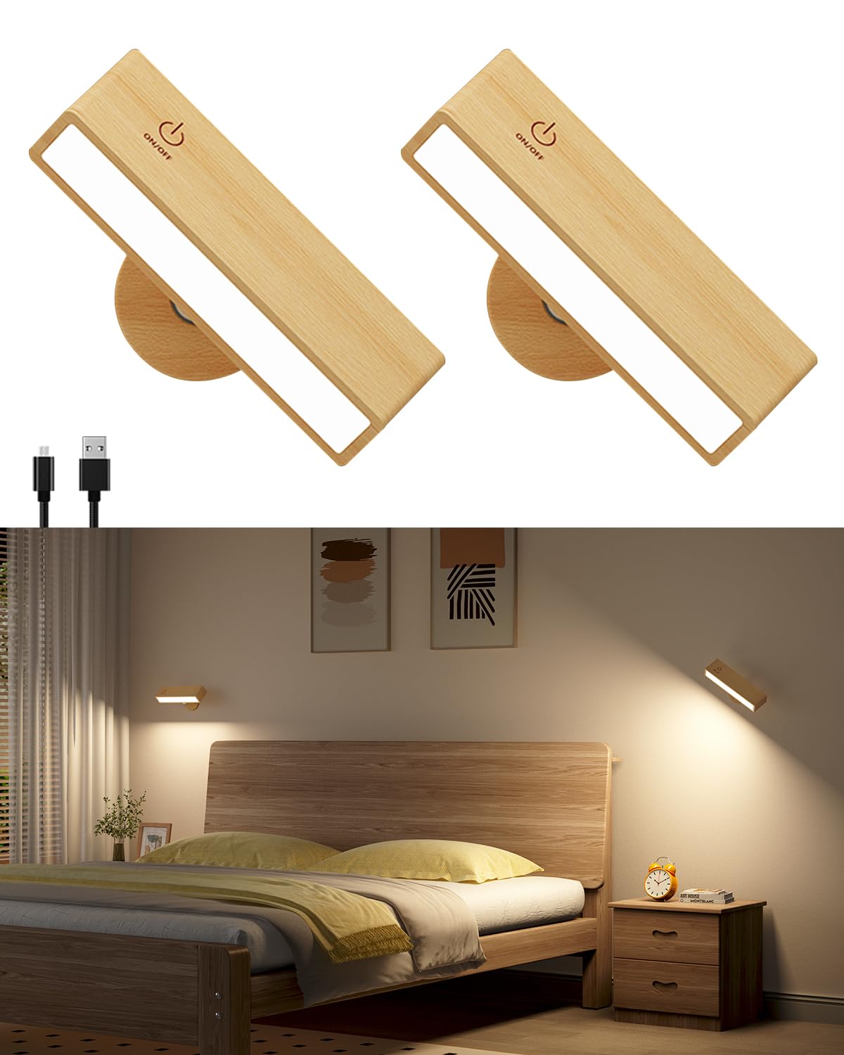 Battery Wall Light Indoor Pack of 2 Wood, Wall Light without Power Connection, Wall Lamp Wireless Dimmable Touch Control, Lamp without Drilling, 360° Rotatable Magnetic for Bedroom, Living
