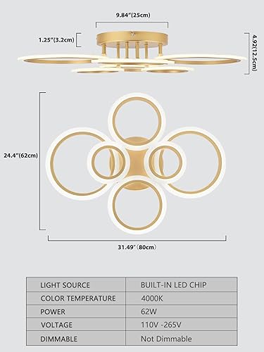 Miniatura 4 de Vikaey Lámpara de techo LED moderna de montaje empotrado, 6 anillos LED dorado cerca de la lámpara de techo, lámpara de techo para cocina, sala de