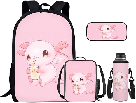 Ystardream Axolotl Backpack With Lunch Box Kids Girls Bookbags for 10Th Grade Girls Pink Backpack Elementary Students Bookbag 17 inch Middle Kids Back Packs Large Pencil Pouch Cup Sleeve