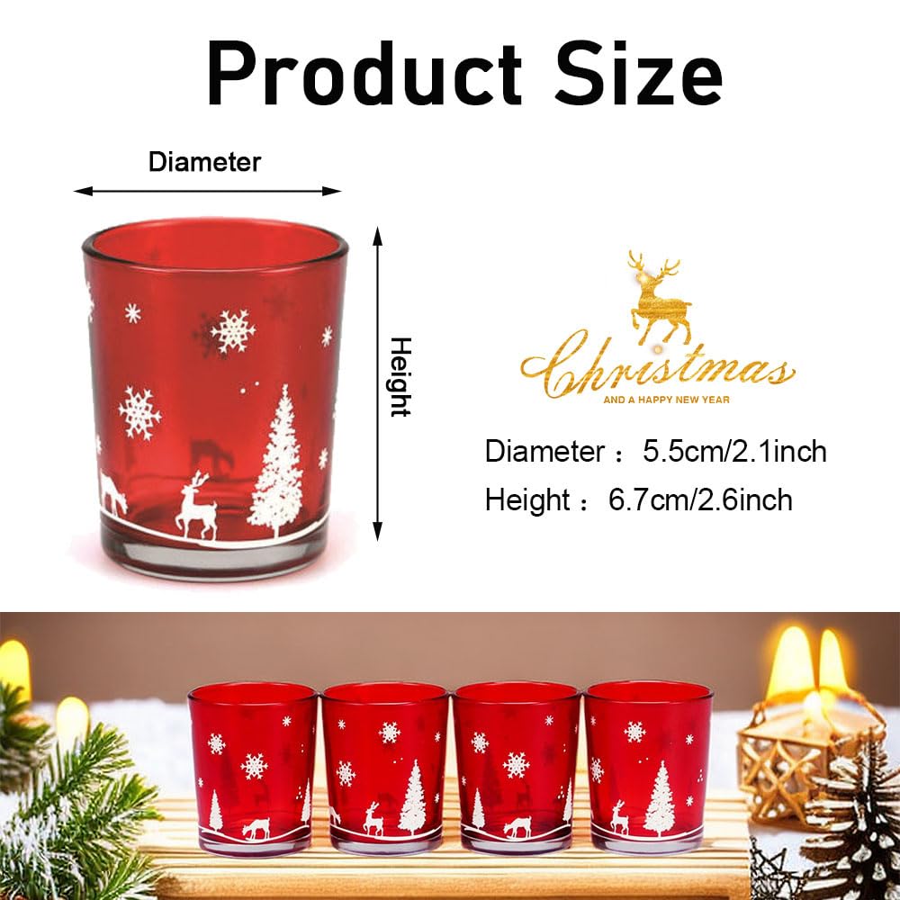 Hiseng Portavelas Cristal Roja Decorativas Navideña, Portavelas Velas de Té con Diseño de Alce árbol de Navidad, Porta Velas Vidrio para Decoración Hogar, Bodas, Fiestas (Juego de 12,Rojo)