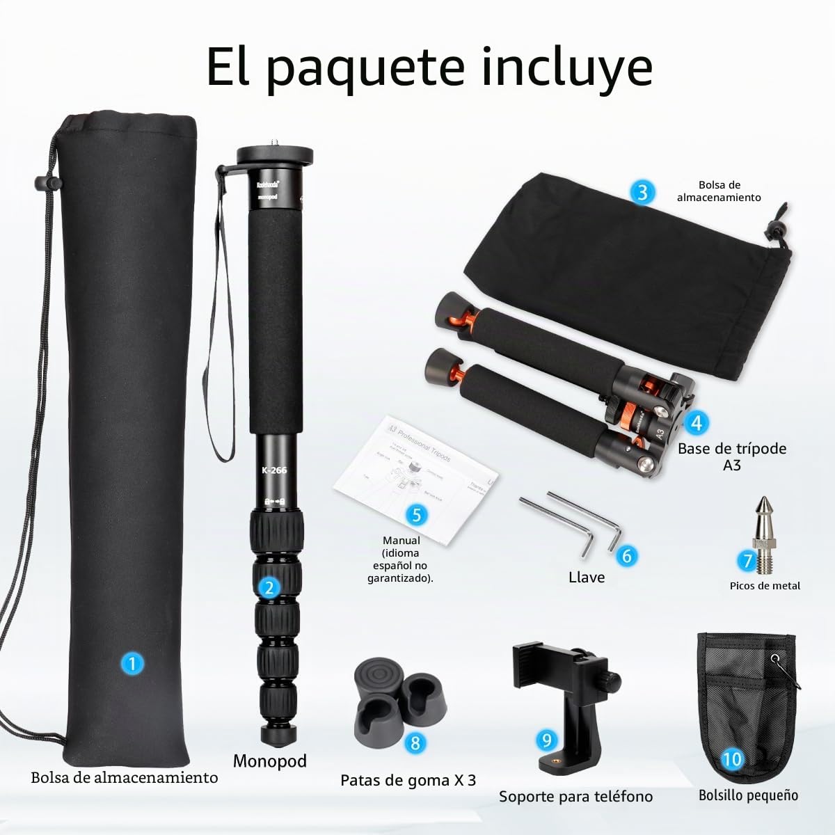 Koolehaoda Monopie de Aluminio para cámara con Base de trípode metálica. 6 Secciones, Ajustable de 42 a 177 cm. Diámetro de Las Patas: 28 mm. Soporta hasta 10 kg. - Negro.