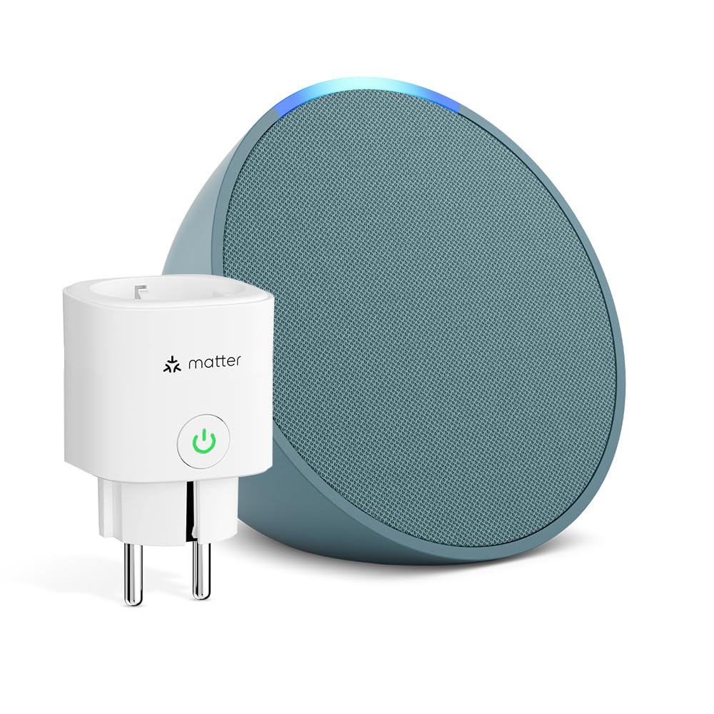 Echo Pop | Verde petrolio + Meross Matter Presa Smart, compatibile con Alexa - Kit di base per Casa Intelligente Verde petrolio con Smart Plug