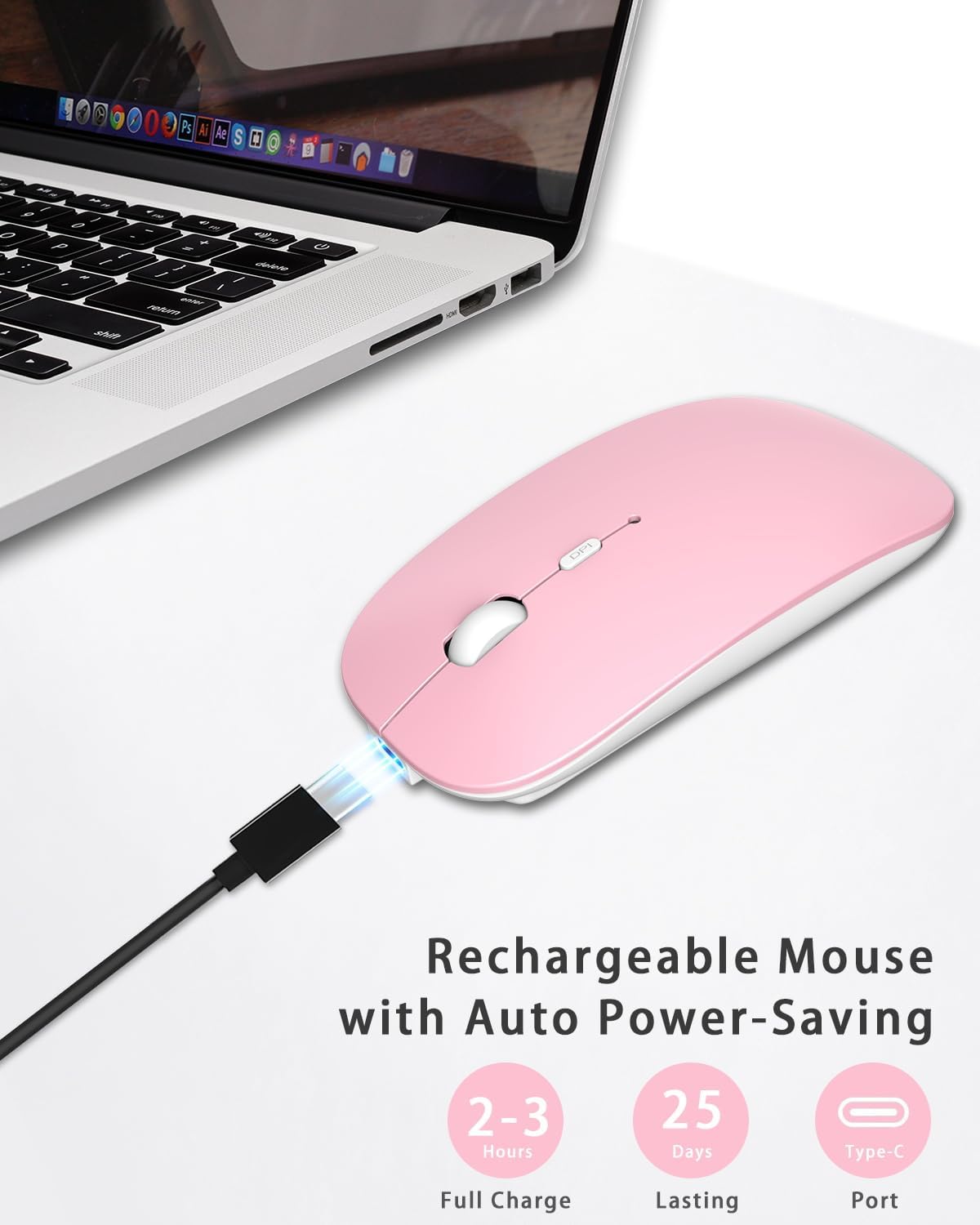 Pink wireless mouse connected to a laptop via a charging cable