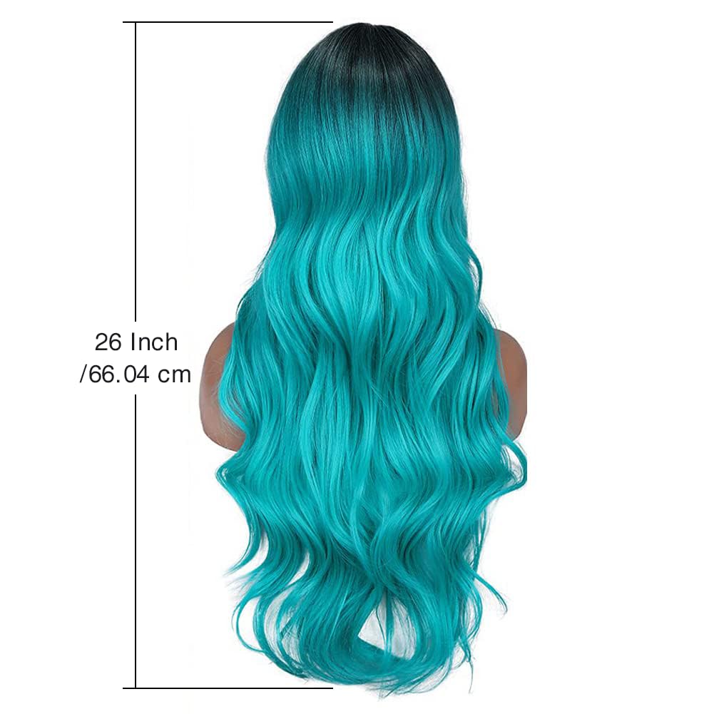 Amazon.com : FAVE Ombre Bluish Green Wig Long Wavy Side Part 