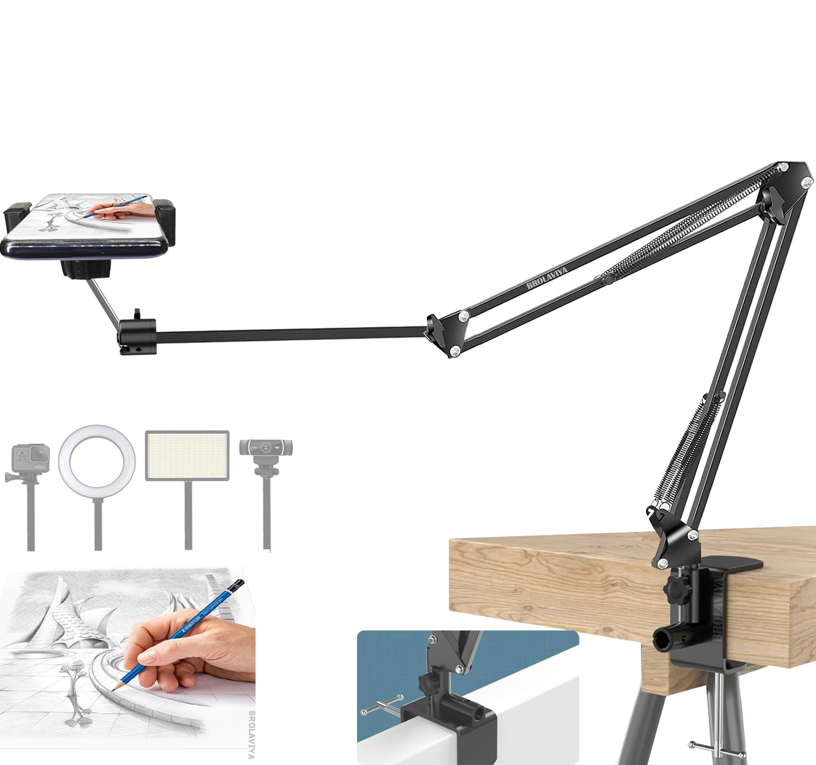 BROLAVIYA Overhead Video Mobile and Tablet Stand, New Extra Long Arm, 1/4" Head 2 Way Base clamp, and Brackets for Mobile Phone and Tablet, for Overhead Video, Desktop, Bedroom, Office, Black