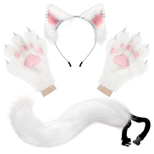 hbbhml Oreilles moelleuses - Queue et pattes de chat - Ensemble de gants - Accessoires de costume pour Halloween, Noël, carnaval, fête - Blanc