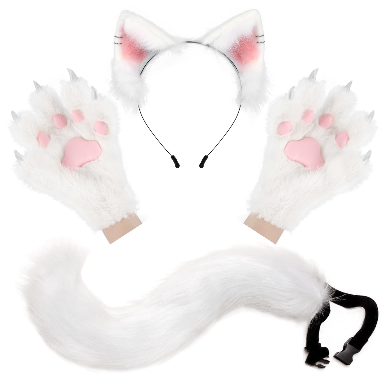 PPFINE Faux Fur Furry Wolf Fox Tail Paw Gloves and Cat Ears Headband Set for Halloween Anime Cosplay Party