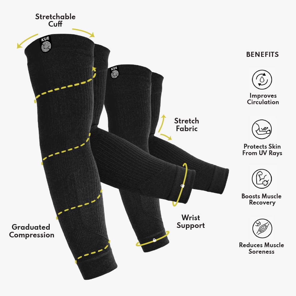 KUE Compression Arm Sleeves for Men & Women | Sports Arm Sleeves for Running, Cricket & Cycling | UV Protection Cooling Sleeves | Arm Compression Sleeve for Joint Pain Relief (Black, L/XL, 2 Pair) 3