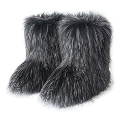QMFUR Womens Furry Faux Fur Boots Fuzzy Fluffy Mid Calf Snow Boots Suede Warm Fur Lined Booties Flat