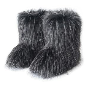 QMFUR Womens Furry Faux Fur Boots Fuzzy Fluffy Mid Calf Snow Boots Suede Warm Fur Lined Booties Flat