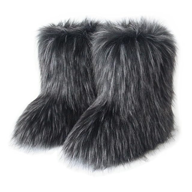 QMFUR Womens Furry Faux Fur Boots Fuzzy Fluffy Mid Calf Snow Boots Suede Warm Fur Lined Booties Flat