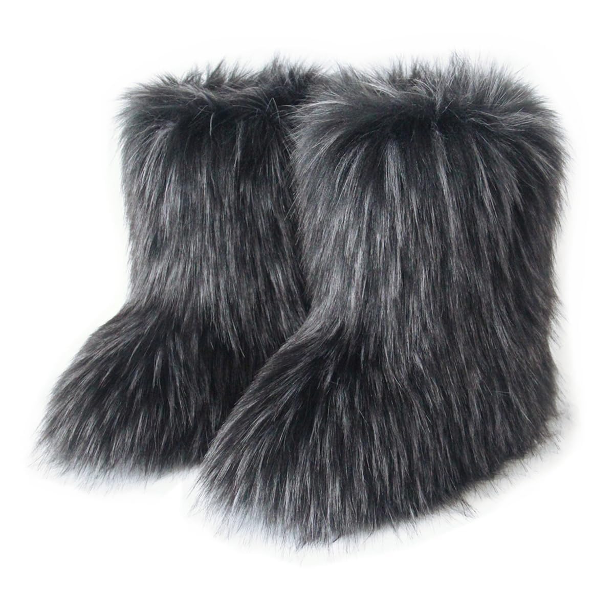 QMFUR Womens Furry Faux Fur Boots Fuzzy Fluffy Mid Calf Snow Boots Suede Warm Fur Lined Booties Flat
